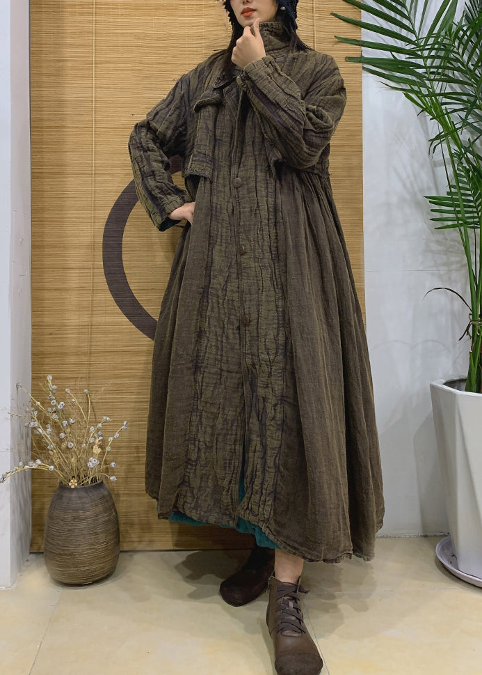 Green Pockets Linen Long Trench Coat Notched Long Sleeve AA1005 Ada Fashion