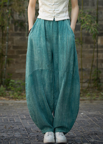 Green Pockets Linen Wide Leg Pants Elastic Waist QE039 MZF-LPTS240927