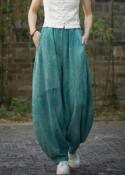 Green Pockets Linen Wide Leg Pants Elastic Waist QE039 MZF-LPTS240927