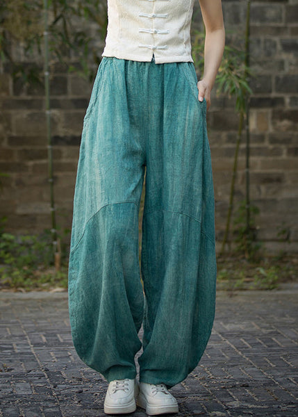 Green Pockets Linen Wide Leg Pants Elastic Waist QE039 MZF-LPTS240927
