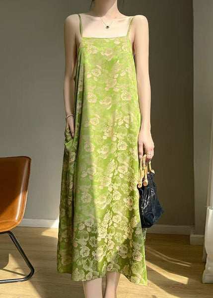 Green Pockets Silk Spaghetti Strap Dress Cold Shoulder Summer AB1004 Genistyle Shop