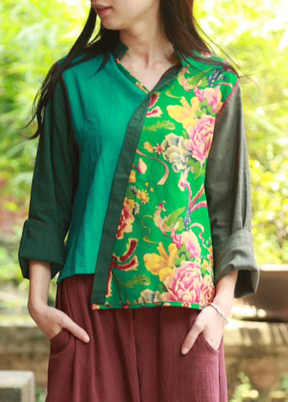 Green Print Asymmetrical Shirt Long Sleeve VB1023 Ada Fashion