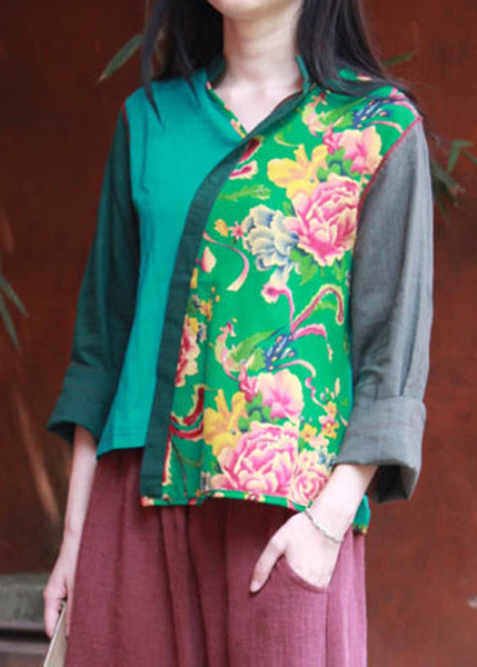 Green Print Asymmetrical Shirt Long Sleeve VB1023 Ada Fashion