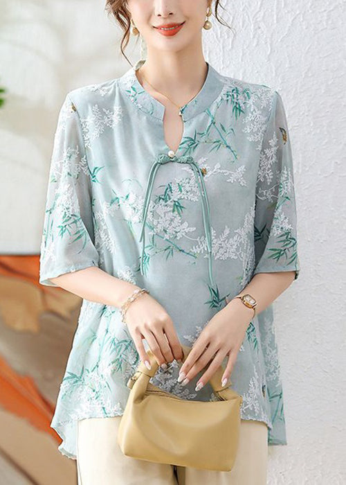 Green Print Chiffon Blouses Stand Collar Half Sleeve AU1067 MZF-240903