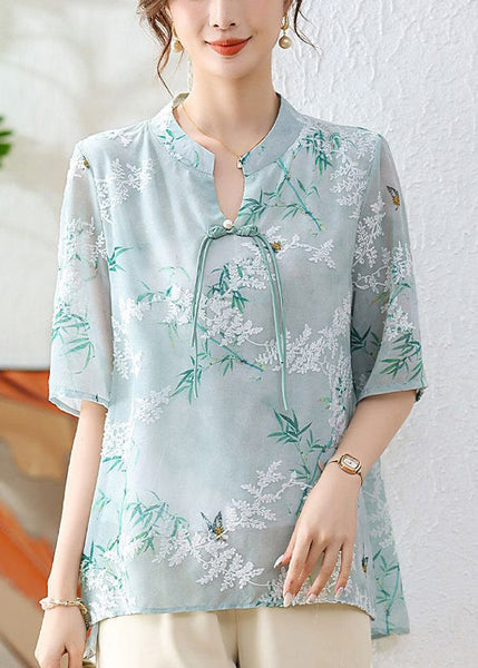 Green Print Chiffon Blouses Stand Collar Half Sleeve AU1067 MZF-240903