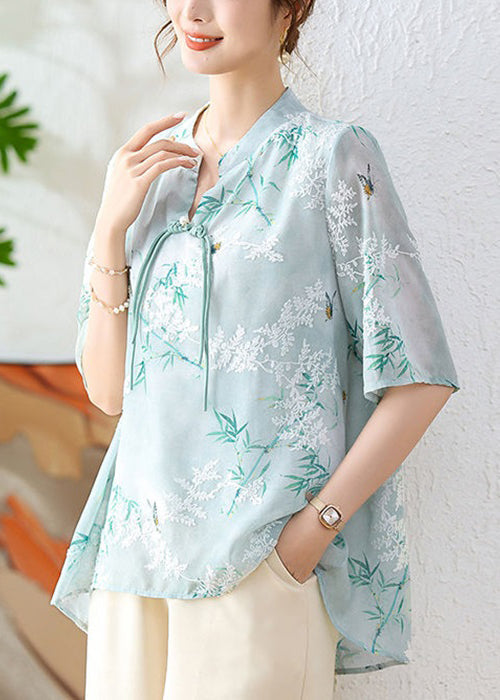 Green Print Chiffon Blouses Stand Collar Half Sleeve AU1067 MZF-240903