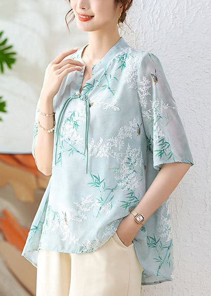 Green Print Chiffon Blouses Stand Collar Half Sleeve AU1067 MZF-240903