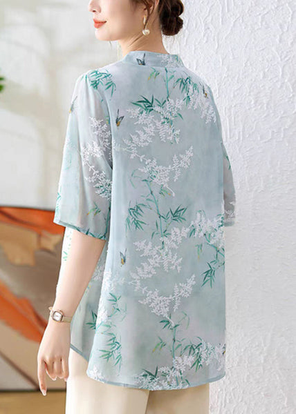 Green Print Chiffon Blouses Stand Collar Half Sleeve AU1067 MZF-240903