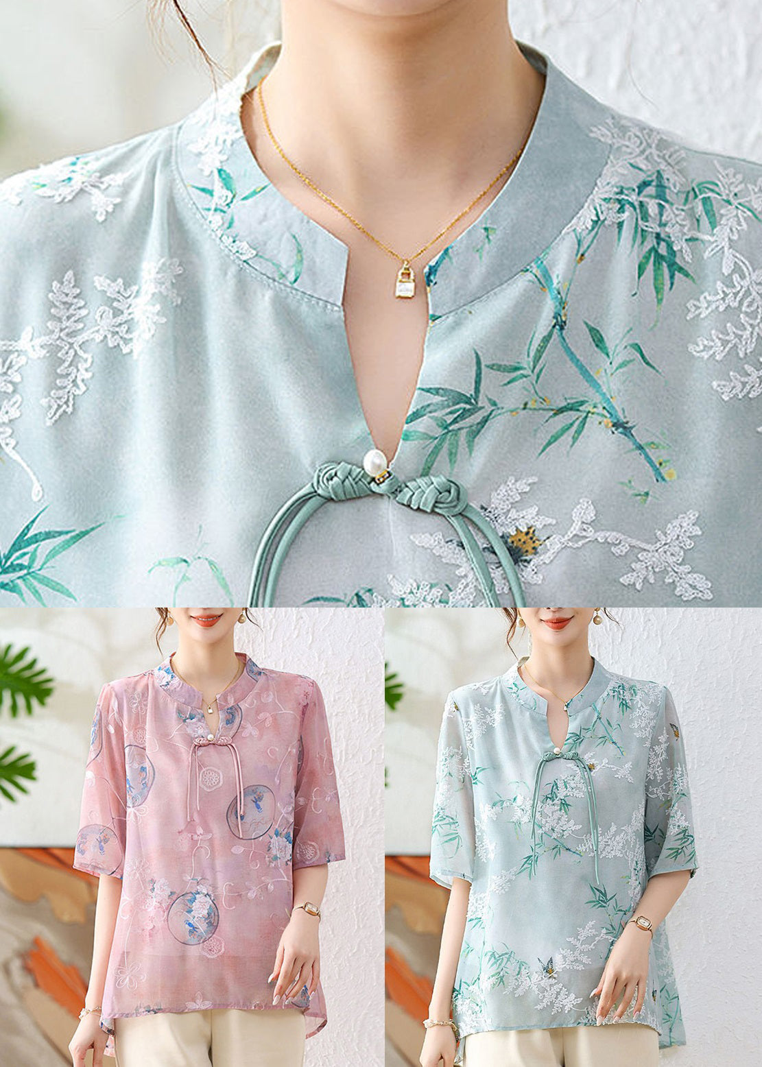 Green Print Chiffon Blouses Stand Collar Half Sleeve AU1067 MZF-240903