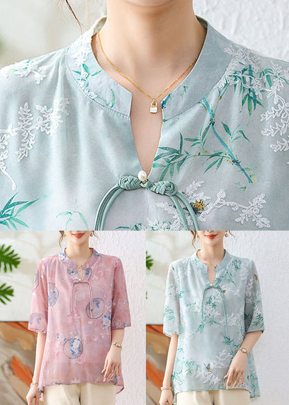 Green Print Chiffon Blouses Stand Collar Half Sleeve AU1067 MZF-240903