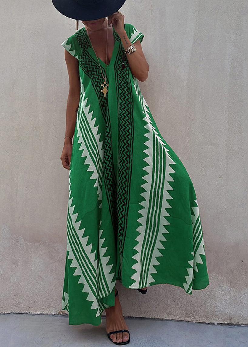 Green Print Chiffon Long Dress Asymmetrical Summer TL021