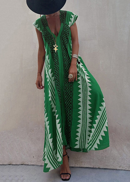 Green Print Chiffon Long Dress Asymmetrical Summer TL021