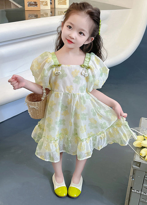 Green Print Cotton Girls Dresses Square Collar Short Sleeve TT020 MM-RCTZSDGL240816