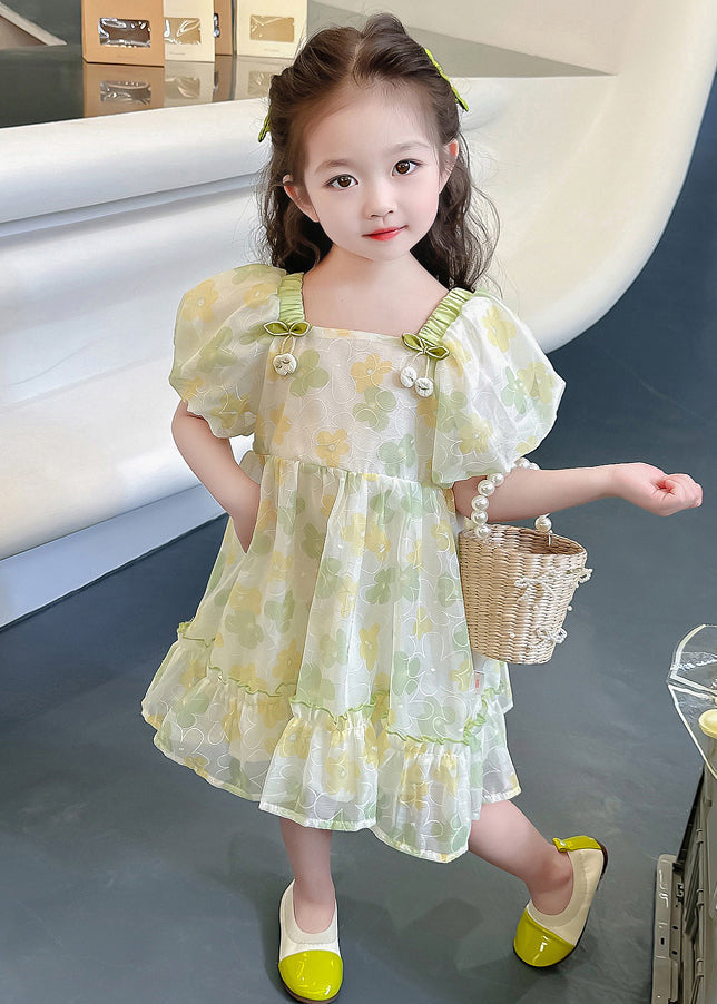 Green Print Cotton Girls Dresses Square Collar Short Sleeve TT020 MM-RCTZSDGL240816