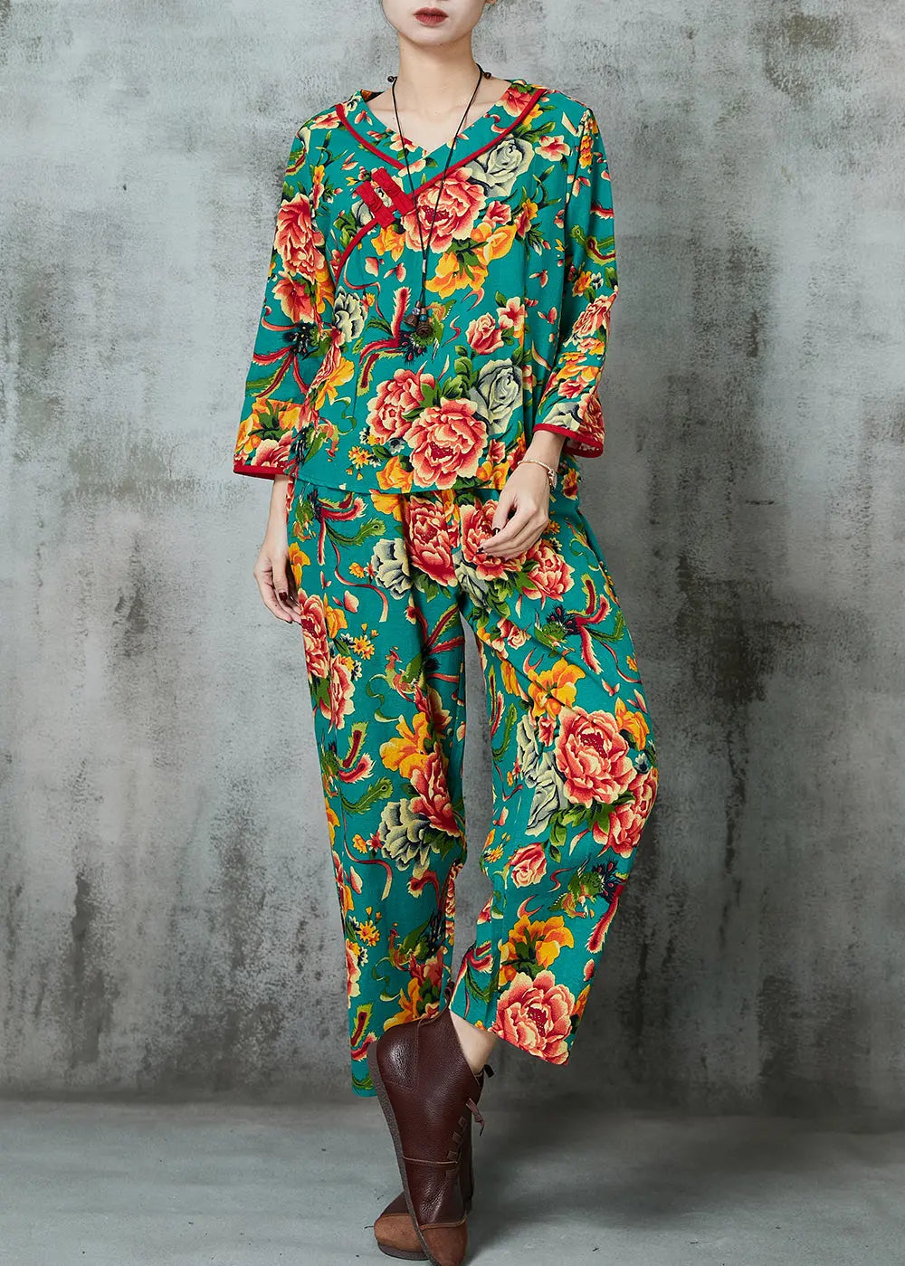 Green Print Cotton Two Pieces Set Chinese Button Spring Ada Fashion