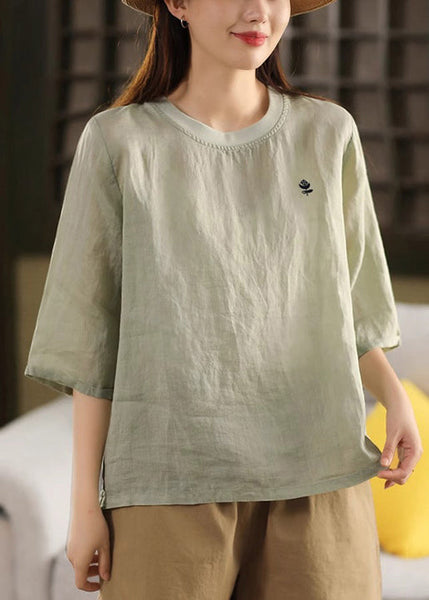 Green Half T Print Sleeve Cozy Linen O Shirt Neck FashionChic