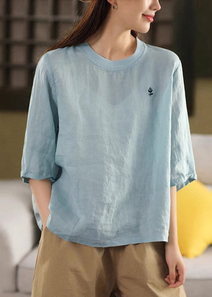 Green Half T Print Sleeve Cozy Linen O Shirt Neck FashionChic