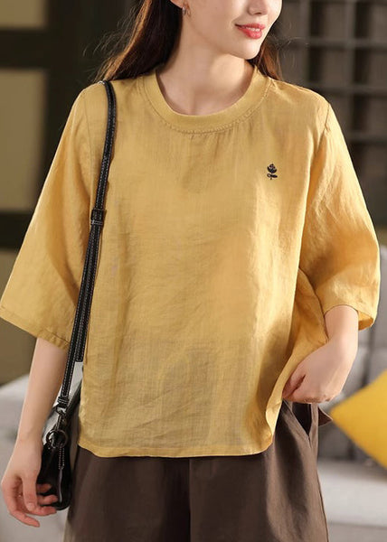 Green Half T Print Sleeve Cozy Linen O Shirt Neck FashionChic