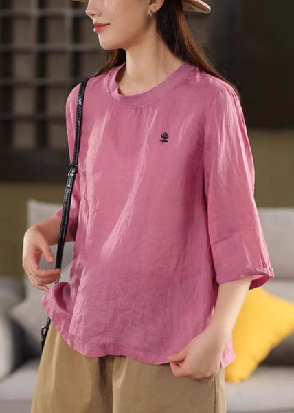 Green Half T Print Sleeve Cozy Linen O Shirt Neck FashionChic