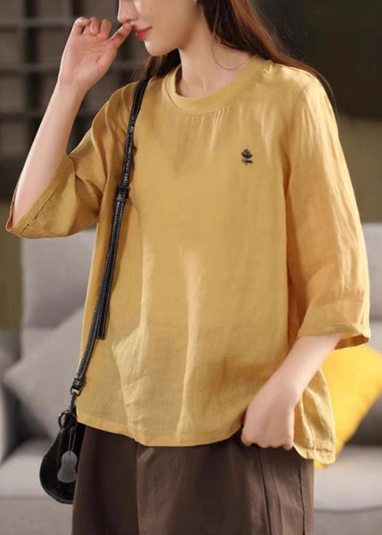 Green Half T Print Sleeve Cozy Linen O Shirt Neck FashionChic