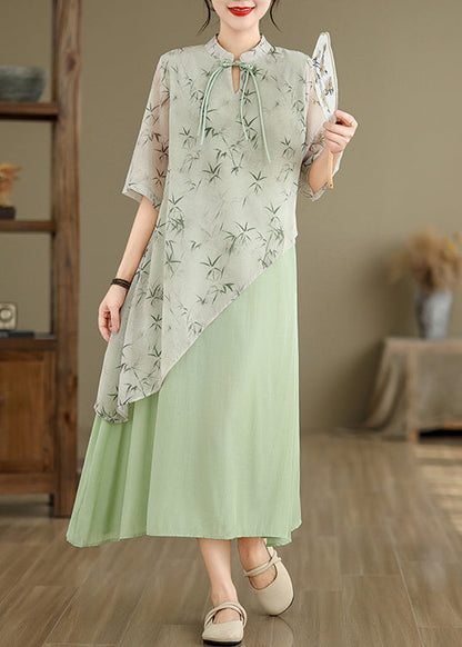 Green Print False Two Pieces Cotton Dresses Stand Collar Summer JH050 MMDM-SDL240717