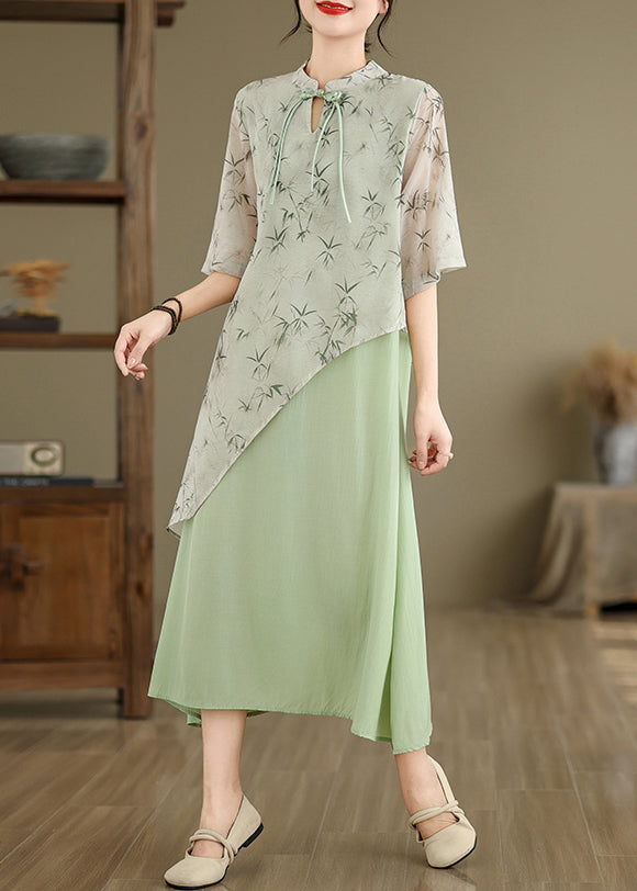 Green Print False Two Pieces Cotton Dresses Stand Collar Summer JH050 MMDM-SDL240717