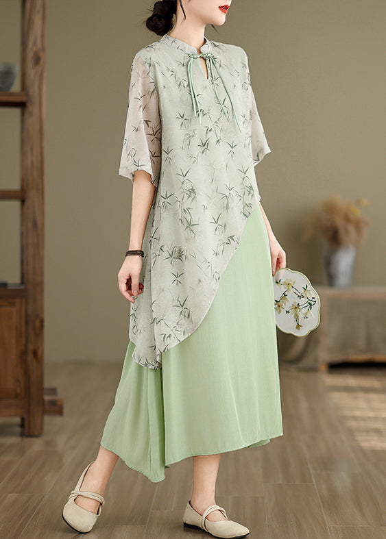 Green Print False Two Pieces Cotton Dresses Stand Collar Summer JH050 MMDM-SDL240717