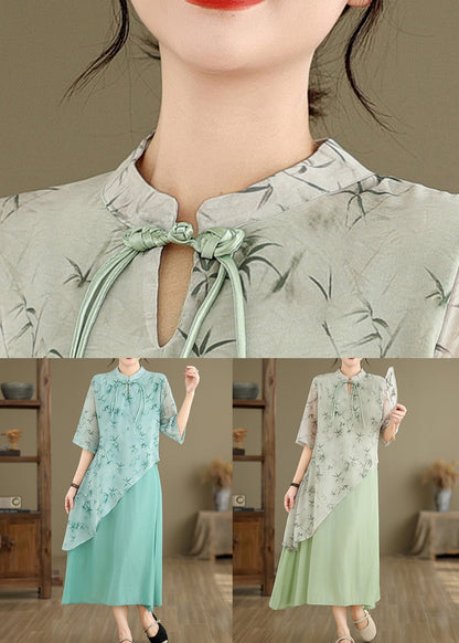 Green Print False Two Pieces Cotton Dresses Stand Collar Summer JH050 MMDM-SDL240717