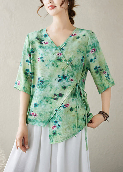V Summer Top Neck Blouse Up Print Green Lace Cotton FashionChic