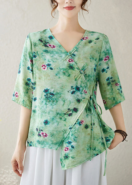 V Summer Top Neck Blouse Up Print Green Lace Cotton FashionChic
