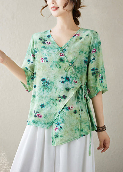 V Summer Top Neck Blouse Up Print Green Lace Cotton FashionChic