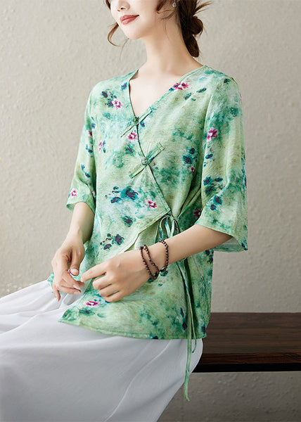 V Summer Top Neck Blouse Up Print Green Lace Cotton FashionChic