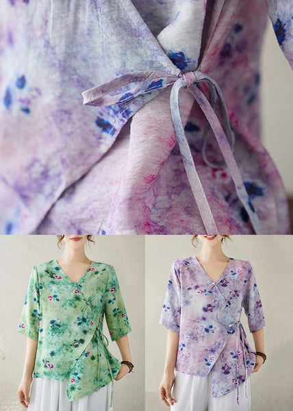 V Summer Top Neck Blouse Up Print Green Lace Cotton FashionChic