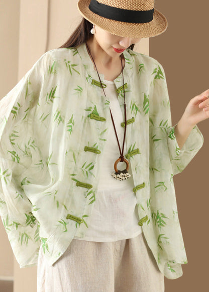 Blouses Button Oversized Summer Green Print Chinese Linen FashionChic