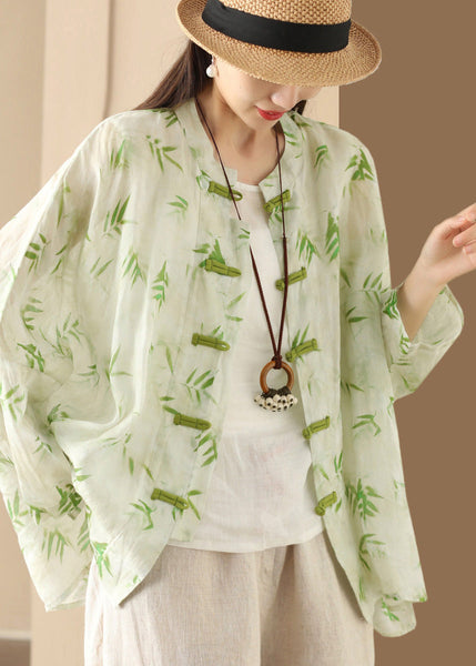Blouses Button Oversized Summer Green Print Chinese Linen FashionChic