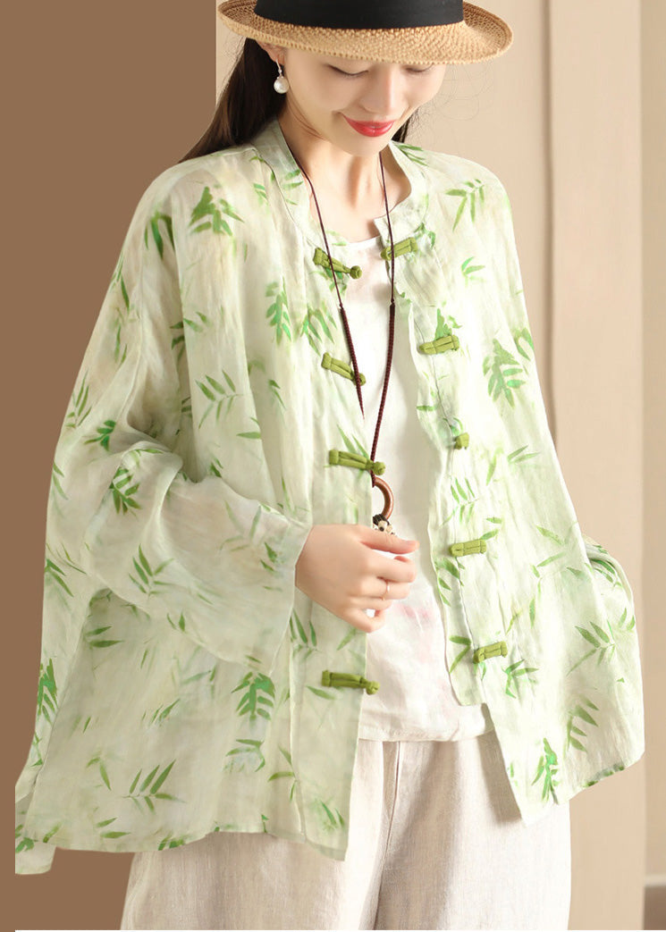 Blouses Button Oversized Summer Green Print Chinese Linen FashionChic