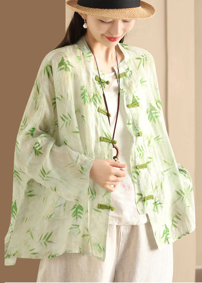 Blouses Button Oversized Summer Green Print Chinese Linen FashionChic
