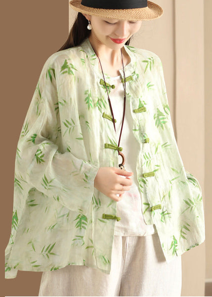 Blouses Button Oversized Summer Green Print Chinese Linen FashionChic