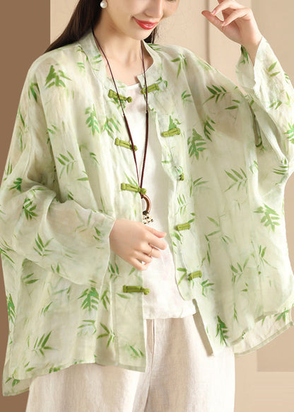Blouses Button Oversized Summer Green Print Chinese Linen FashionChic