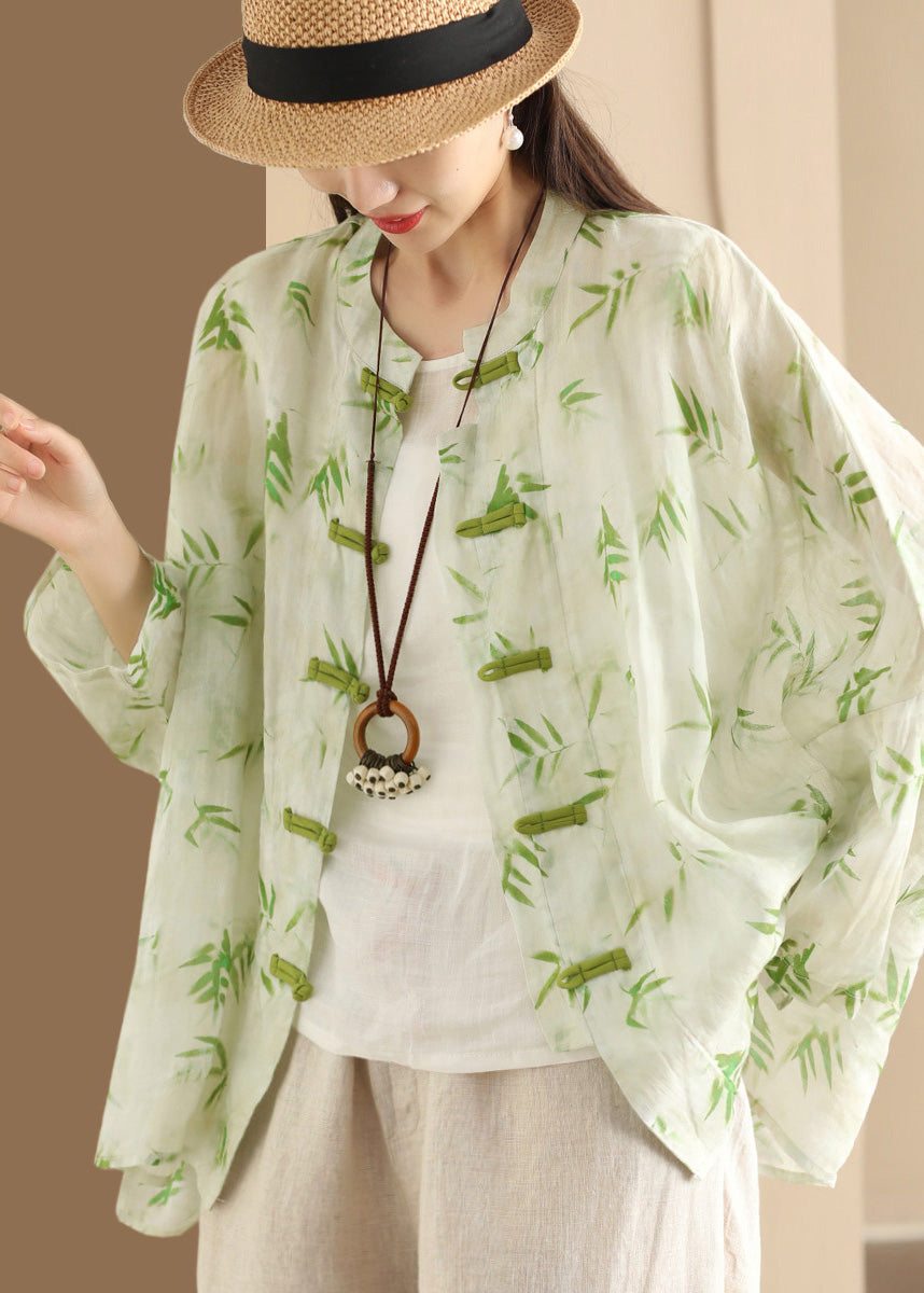 Blouses Button Oversized Summer Green Print Chinese Linen FashionChic
