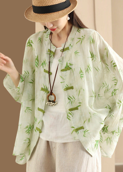 Blouses Button Oversized Summer Green Print Chinese Linen FashionChic