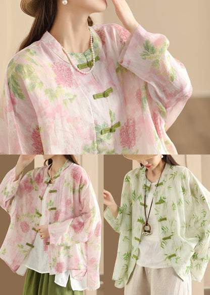 Blouses Button Oversized Summer Green Print Chinese Linen FashionChic