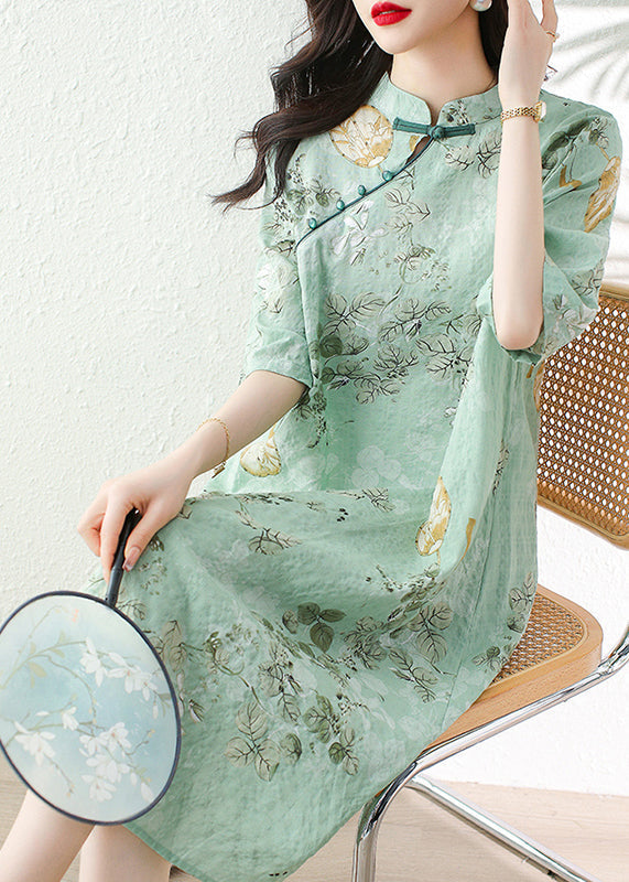 Green Print Linen Dresses Stand Collar Summer JH013 MMDM-SDL240717