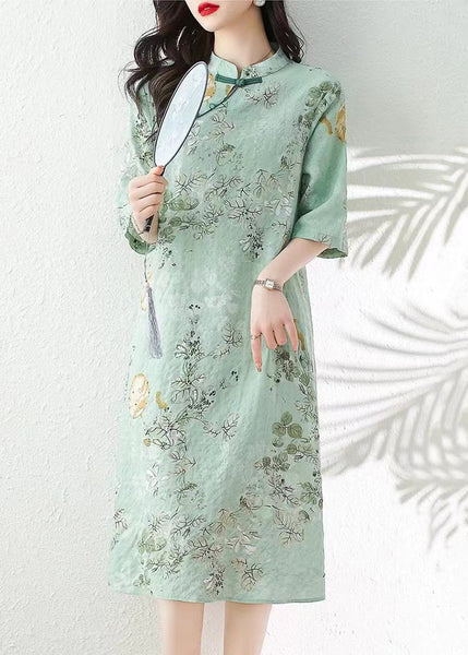 Green Print Linen Dresses Stand Collar Summer JH013 MMDM-SDL240717