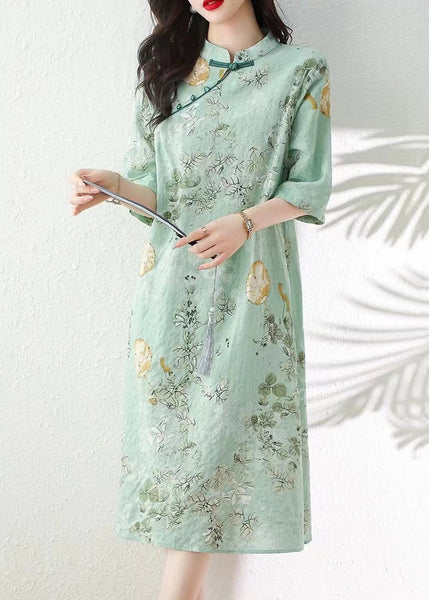 Green Print Linen Dresses Stand Collar Summer JH013 MMDM-SDL240717