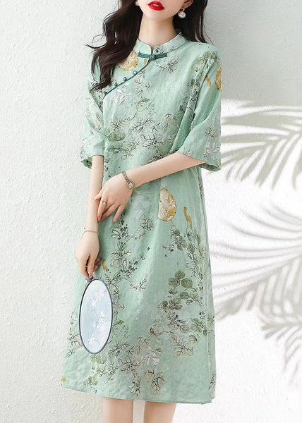 Green Print Linen Dresses Stand Collar Summer JH013 MMDM-SDL240717