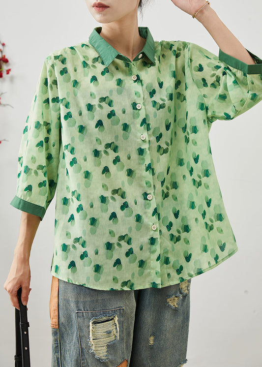 Green Print Linen Shirt Tops Peter Pan Collar Bracelet Sleeve AP1077 AM-HTP240904