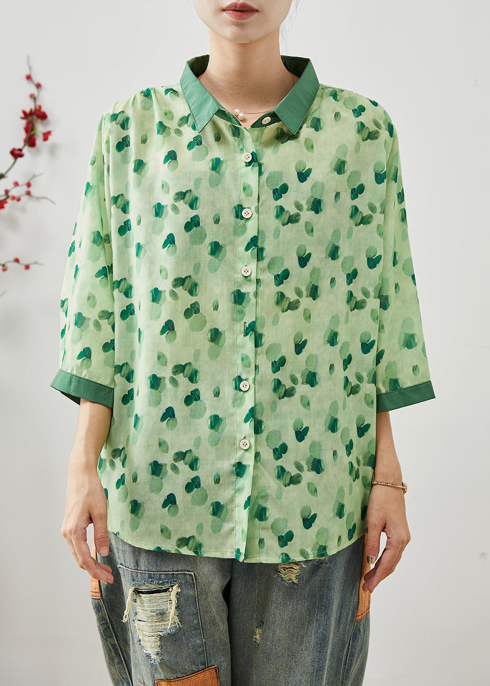 Green Print Linen Shirt Tops Peter Pan Collar Bracelet Sleeve AP1077 AM-HTP240904