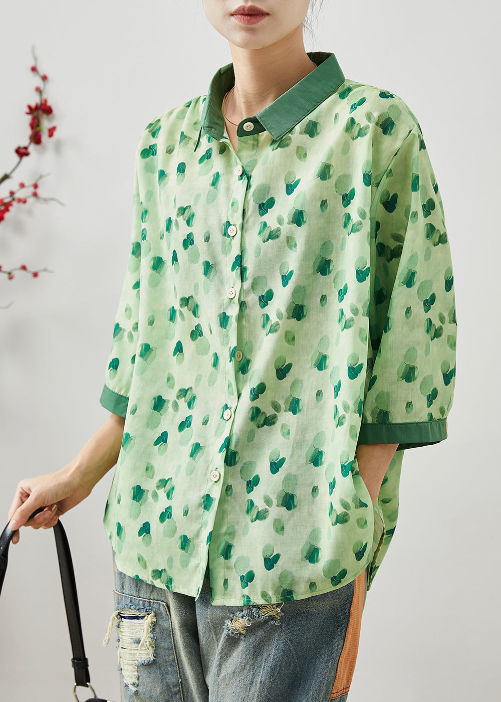 Green Print Linen Shirt Tops Peter Pan Collar Bracelet Sleeve AP1077 AM-HTP240904