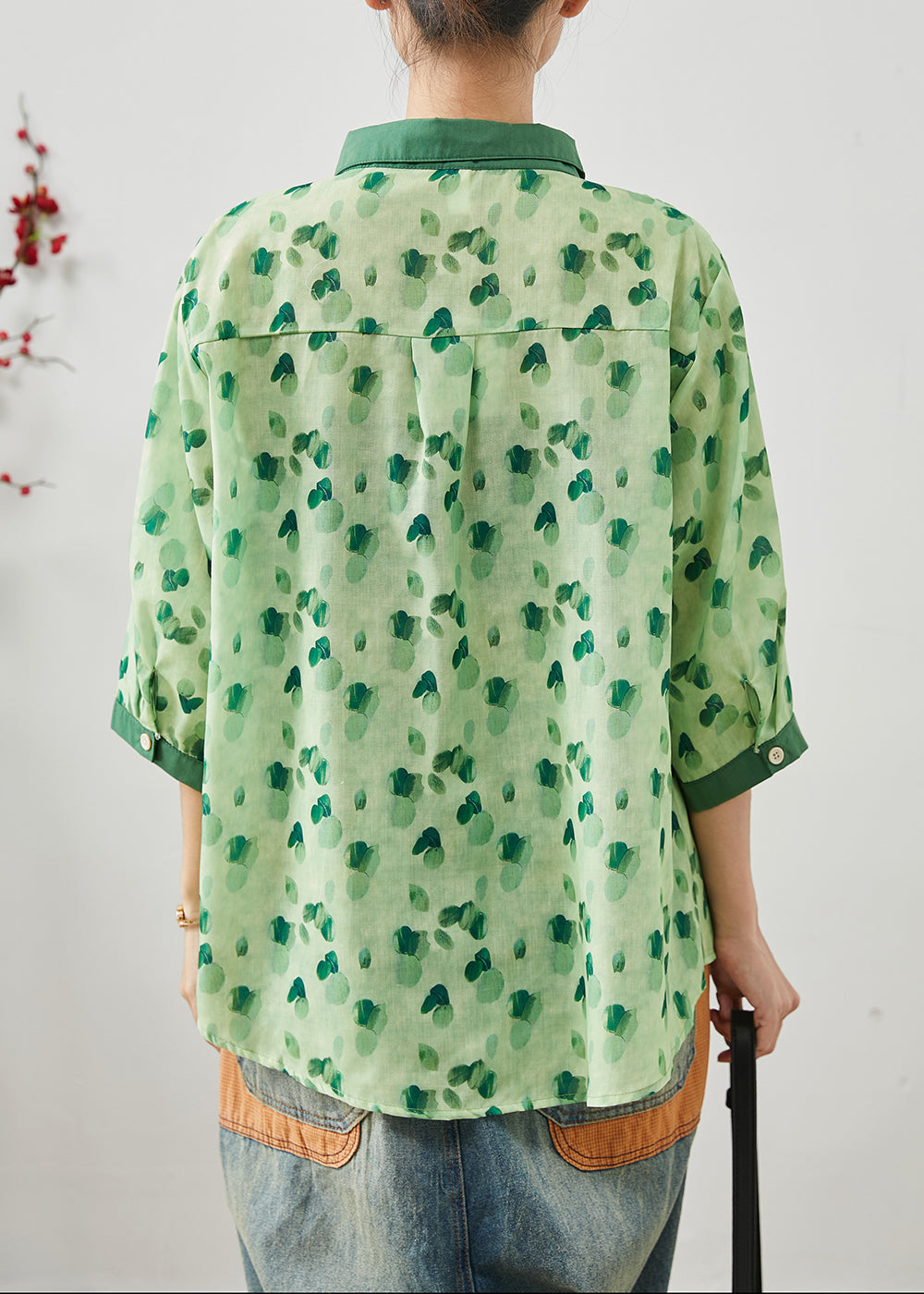 Green Print Linen Shirt Tops Peter Pan Collar Bracelet Sleeve AP1077 AM-HTP240904